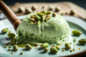 une scoop de vert la glace crème avec pistaches et une en bois cuillère. généré par ai photo