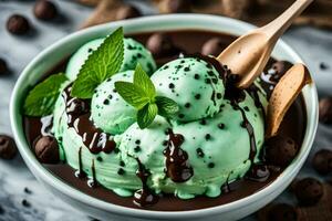 la glace crème avec menthe et Chocolat puces. généré par ai photo