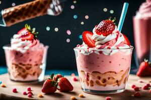 fraise Milk-shake avec fouetté crème et des fraises. généré par ai photo