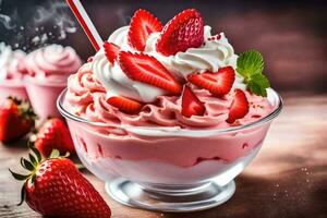 une fraise sundae avec fouetté crème et des fraises. généré par ai photo