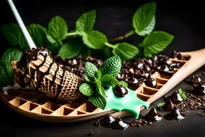 Chocolat la glace crème avec menthe feuilles et une cuillère. généré par ai photo