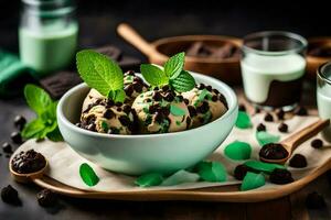 Chocolat puce la glace crème dans une bol avec menthe feuilles. généré par ai photo