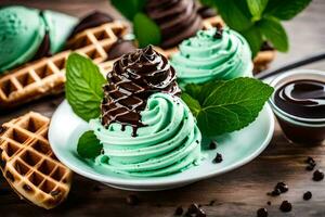 la glace crème avec menthe et Chocolat puces. généré par ai photo