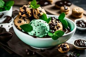 Chocolat puce biscuits avec menthe la glace crème et menthe feuilles dans une bol. généré par ai photo