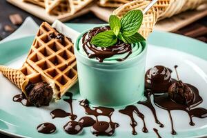 une Chocolat la glace crème avec menthe et gaufres. généré par ai photo