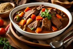 une bol de du boeuf Ragoût avec des légumes et riz. généré par ai photo