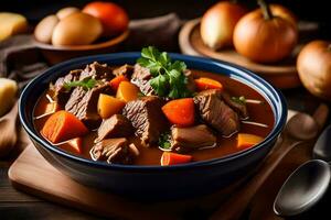 une bol de du boeuf Ragoût avec carottes et patates. généré par ai photo