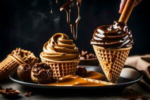 une la personne verser Chocolat sirop plus de la glace crème cônes. généré par ai photo