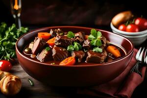 du boeuf Ragoût dans une bol avec des légumes et pain. généré par ai photo