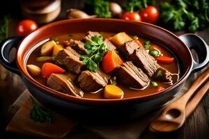 une bol de du boeuf Ragoût avec des légumes et herbes. généré par ai photo