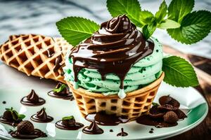 la glace crème avec menthe et Chocolat sur une gaufre cône. généré par ai photo