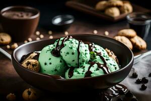 une bol de vert la glace crème avec Chocolat sauce. généré par ai photo