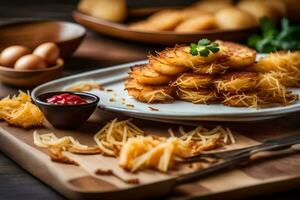 une assiette de Patate Crêpes avec ketchup et autre ingrédients. généré par ai photo