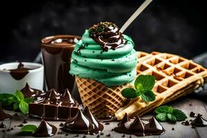 Chocolat la glace crème dans une gaufre cône avec menthe feuilles. généré par ai photo