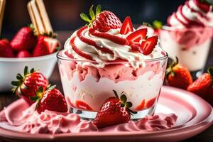 fraise cheesecake dans une verre dessert. généré par ai photo