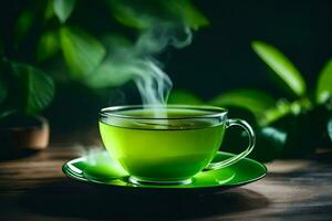 une tasse de vert thé sur une en bois tableau. généré par ai photo