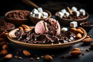 Chocolat la glace crème avec guimauves et des noisettes. généré par ai photo