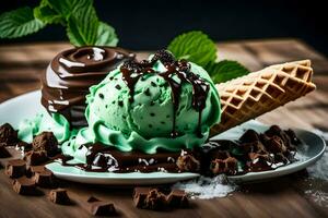 la glace crème avec Chocolat et menthe sur une plaque. généré par ai photo