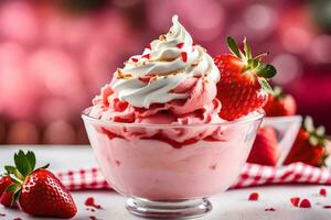 une fraise sundae avec fouetté crème et des fraises. généré par ai photo