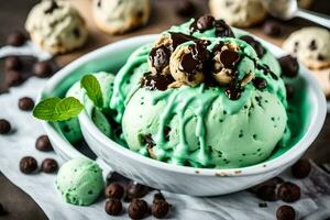 une bol de la glace crème avec menthe et Chocolat puces. généré par ai photo