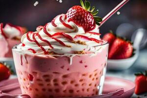 une fraise Milk-shake avec fouetté crème et des fraises. généré par ai photo