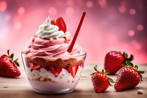 une fraise sundae avec fouetté crème et des fraises. généré par ai photo
