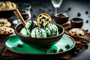 Chocolat puce biscuits et la glace crème dans une bol. généré par ai photo