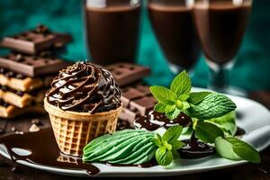 Chocolat la glace crème dans une cône avec menthe feuilles et Chocolat sauce. généré par ai photo