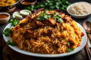 poulet biryani avec riz et des légumes. généré par ai photo