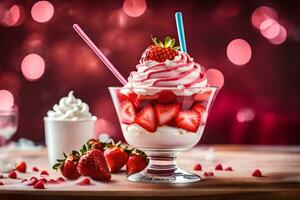 fraise sundae avec fouetté crème et des fraises. généré par ai photo