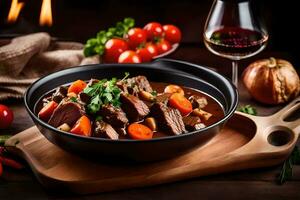 du boeuf Ragoût dans une noir bol avec des légumes et du vin. généré par ai photo