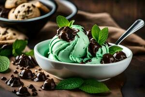 menthe Chocolat puce la glace crème dans une bol avec menthe feuilles et Chocolat puces. généré par ai photo