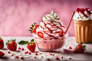 une fraise Milk-shake avec fouetté crème et des fraises. généré par ai photo