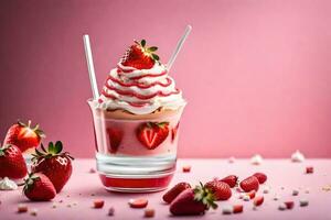 une fraise Milk-shake avec fouetté crème et des fraises. généré par ai photo