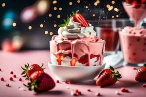 fraise sundae avec fouetté crème et des fraises. généré par ai photo