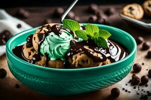 Chocolat puce biscuit pâte la glace crème dans une bol avec menthe feuilles. généré par ai photo