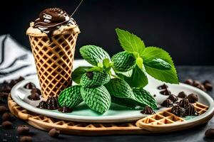 Chocolat la glace crème dans une gaufre cône avec menthe feuilles sur une plaque. généré par ai photo