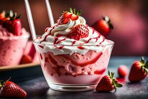 fraise la glace crème avec fouetté crème et des fraises. généré par ai photo