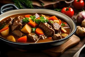 une bol de du boeuf Ragoût avec des légumes et patates. généré par ai photo