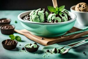 menthe Chocolat puce la glace crème dans une bol avec Chocolat frites et menthe feuilles. généré par ai photo