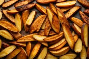 une pile de cuit Patate coins sur une en bois surface. généré par ai photo