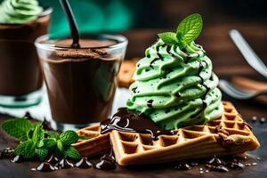 Chocolat gaufre avec menthe et fouetté crème. généré par ai photo