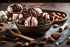 Chocolat la glace crème dans une bol avec amandes et des noisettes. généré par ai photo