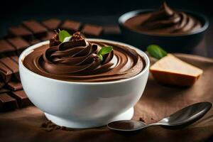 Chocolat pudding dans une bol avec Chocolat pièces et une cuillère. généré par ai photo