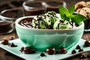 Chocolat la glace crème avec menthe et biscuits. généré par ai photo