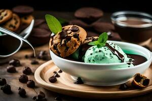 Chocolat puce biscuits et la glace crème dans une bol. généré par ai photo