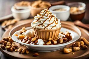 le dessert est surmonté avec fouetté crème et des noisettes. généré par ai photo