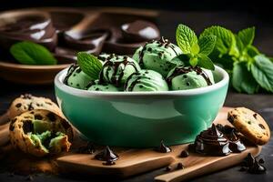 menthe Chocolat puce la glace crème. généré par ai photo