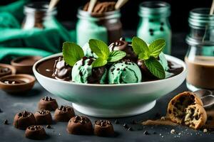 Chocolat menthe la glace crème dans une bol avec menthe feuilles et Chocolat puces. généré par ai photo