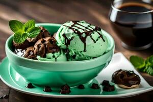 la glace crème avec Chocolat et menthe. généré par ai photo